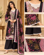 Black & Pink Floral Cotton Printed 3-Piece Set with Palazzo