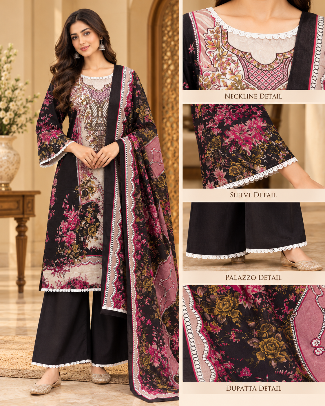 Black & Pink Floral Cotton Printed 3-Piece Set with Palazzo
