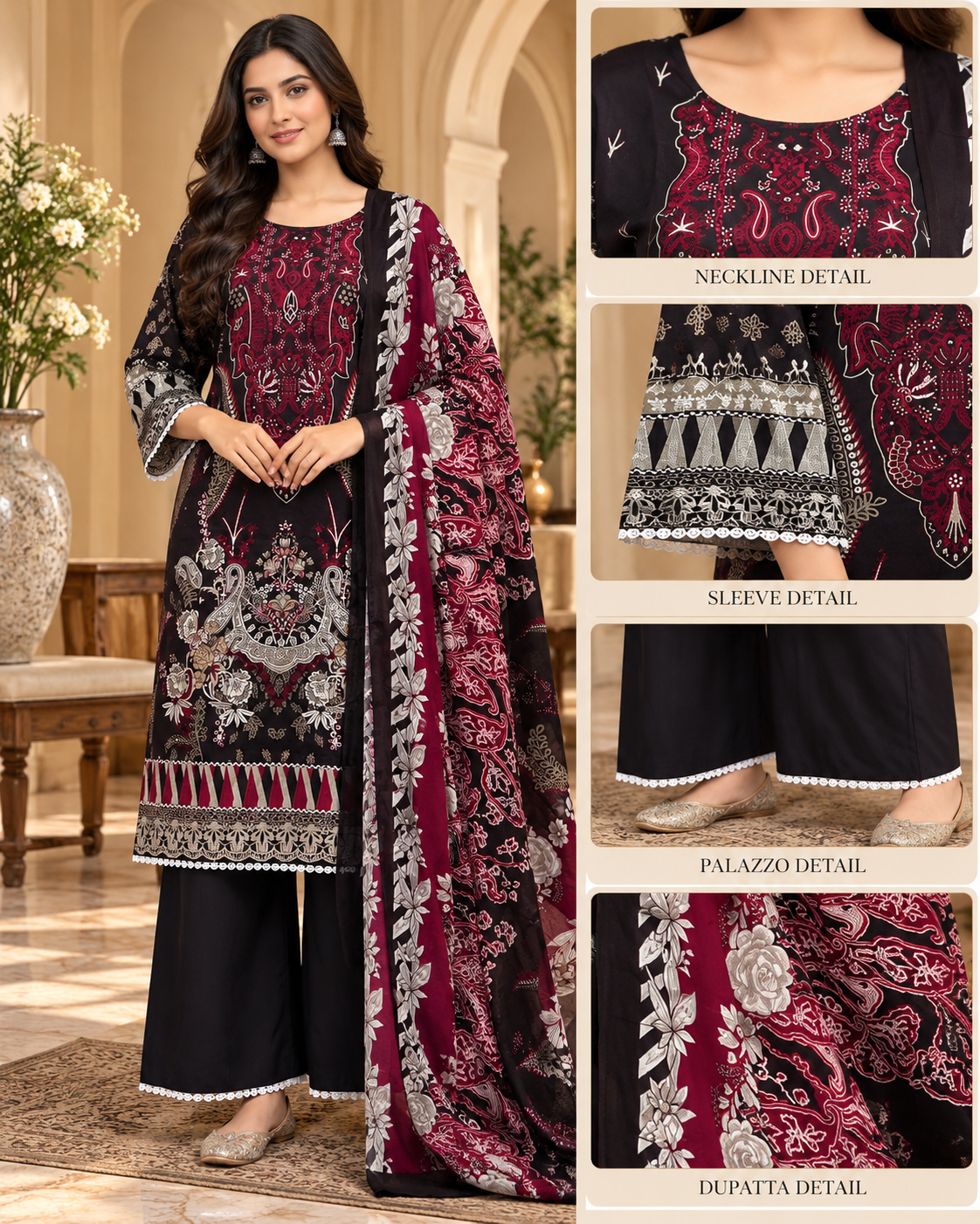 Black & Maroon Floral Print Cotton 3-Piece Set with Palazzo
