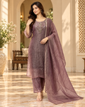 Mauve Plum Salsa Printed 3-Piece Suit Set with Palazzo and Dupatta