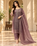 Mauve Plum Salsa Printed 3-Piece Suit Set with Palazzo and Dupatta