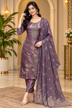 Plum Purple ROMAN GLASS 3-Piece Floral Embroidered Ethnic Suit Set