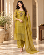Mustard Olive Salsa 3-Piece Suit Set with Dupatta and Palazzo