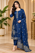 Navy Blue ROMAN GLASS 3-Piece Embroidered Ethnic Suit Set