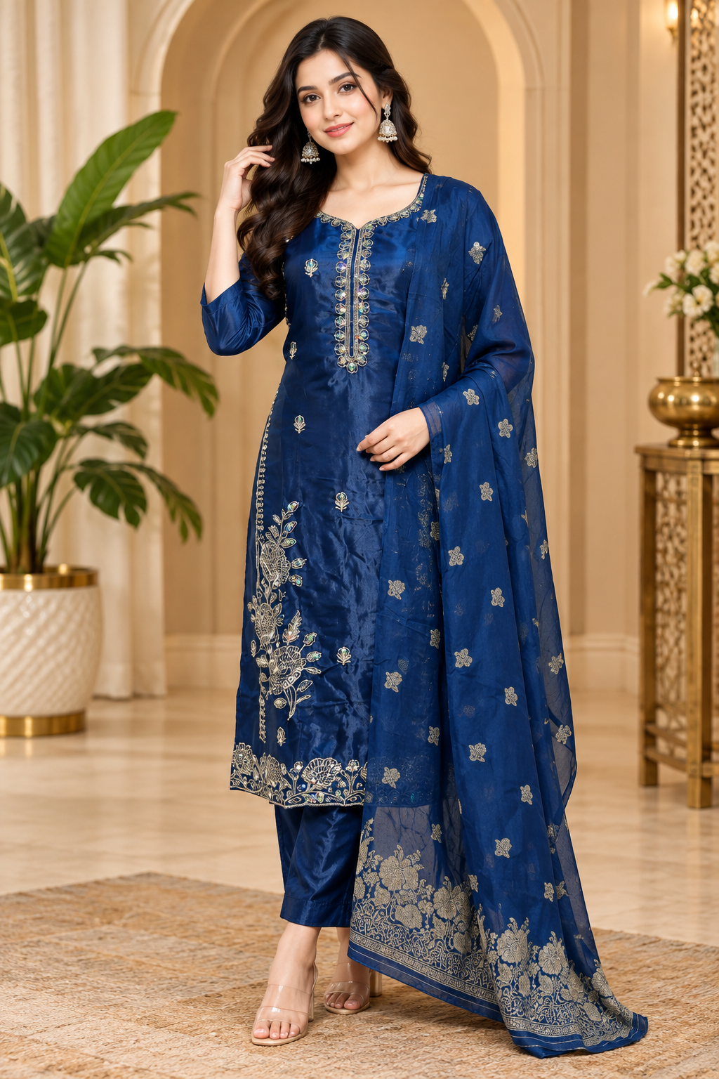 Navy Blue ROMAN GLASS 3-Piece Embroidered Ethnic Suit Set