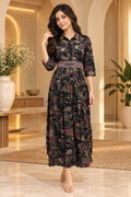 Black Printed Reyon/Rayon Round Kurti – Elegant Floral Pattern 1-Piece Kurti