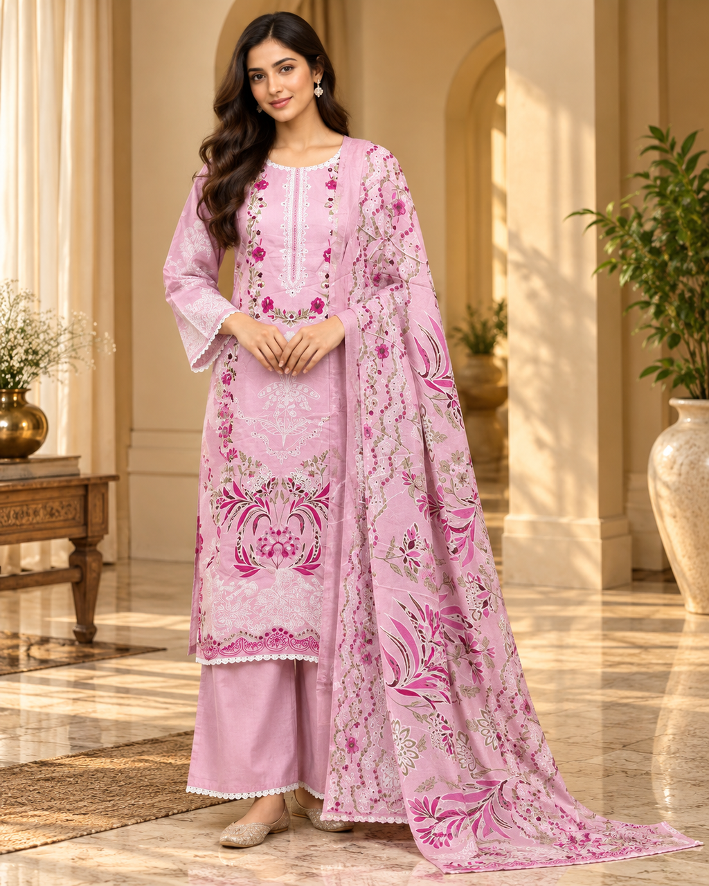 Pastel Pink Floral Print Cotton 3-Piece Set with Palazzo
