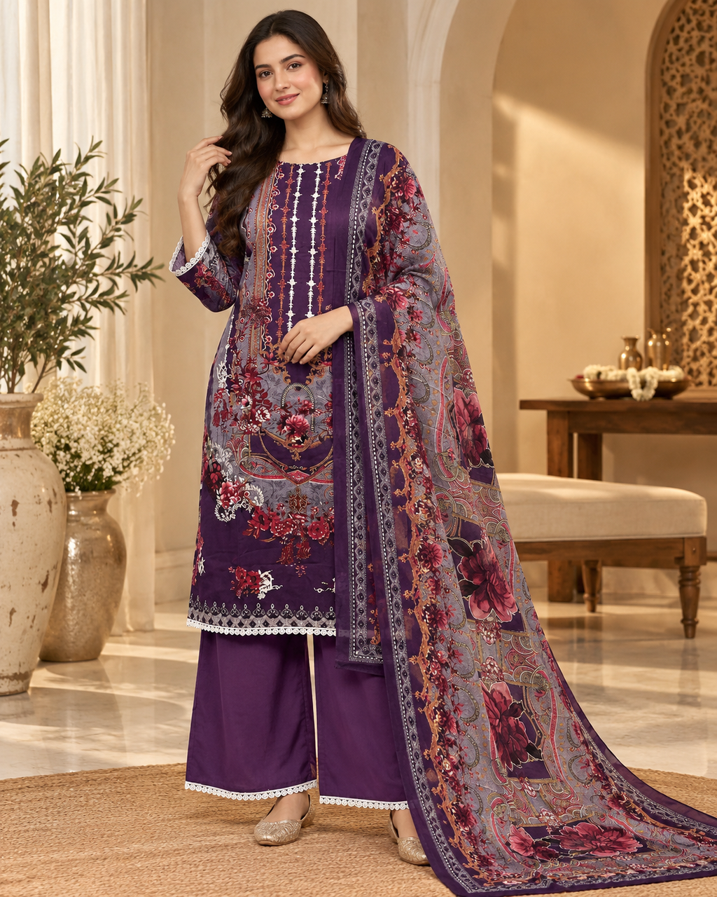 Purple Floral Print Cotton 3-Piece Set with Palazzo