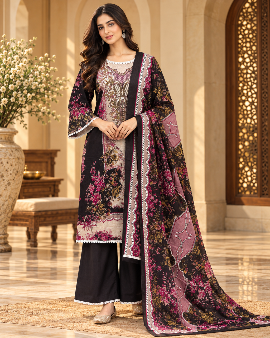 Black & Pink Floral Cotton Printed 3-Piece Set with Palazzo