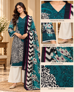 Teal, Black & Ivory Cotton Printed 3-Piece Set with Palazzo