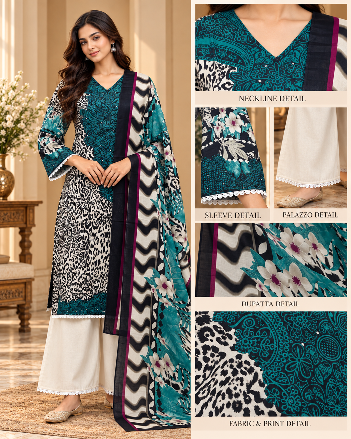 Teal, Black & Ivory Cotton Printed 3-Piece Set with Palazzo