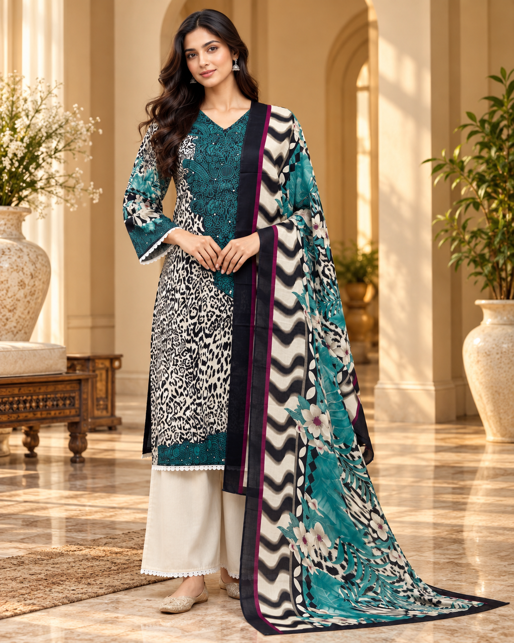 Teal, Black & Ivory Cotton Printed 3-Piece Set with Palazzo