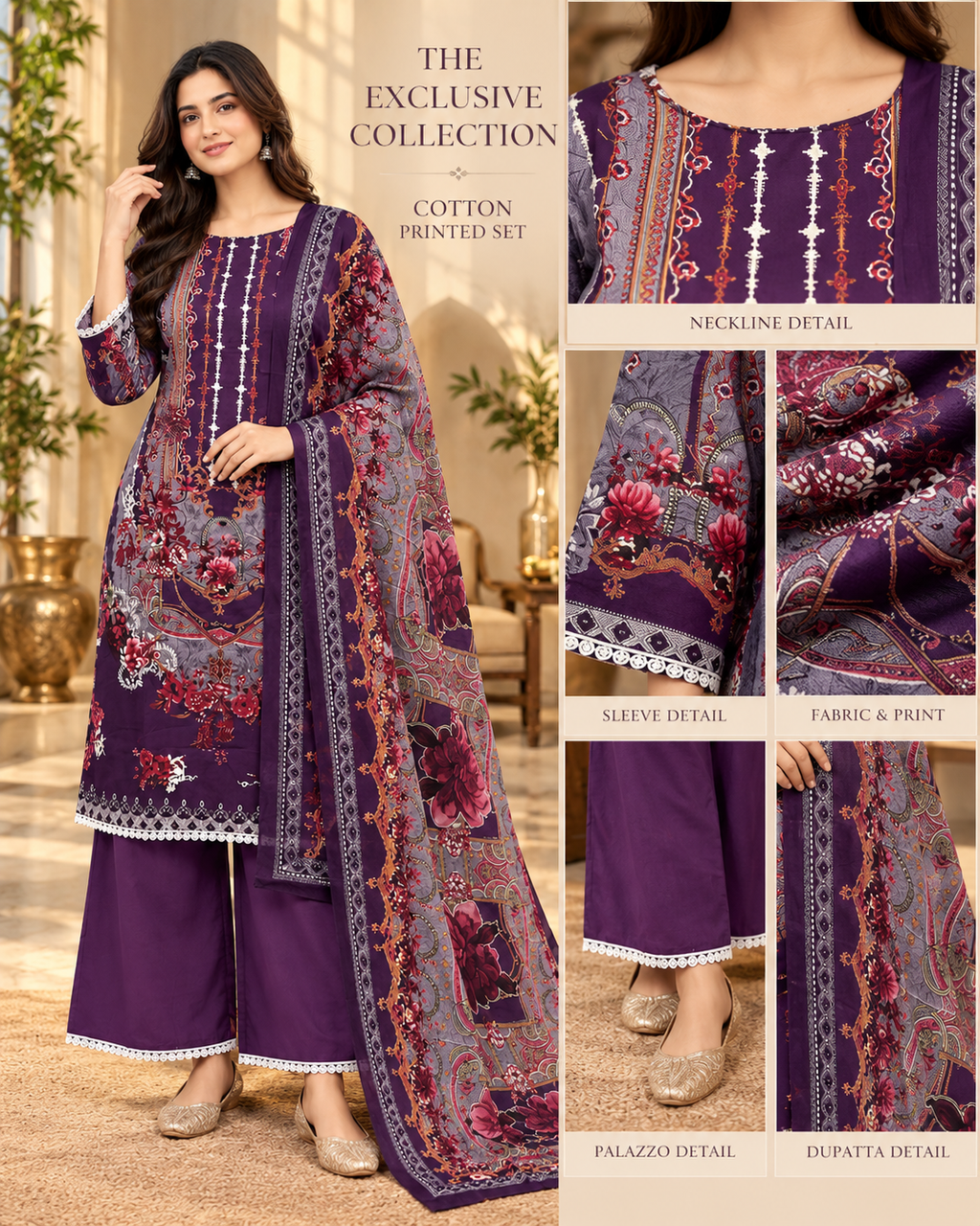 Purple Floral Print Cotton 3-Piece Set with Palazzo