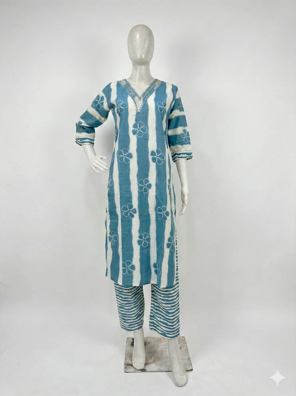 Light Blue V-Neck Kurti Pant 2-Piece Set - Kurtiwala