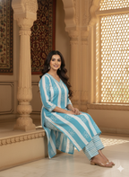 Light Blue V-Neck Kurti Pant 2-Piece Set - Kurtiwala