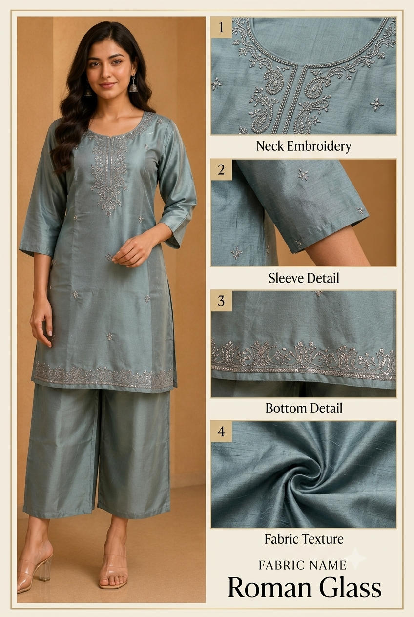 Slate Blue Roman Glass Embroidered Kurta and Palazzo Suit Set