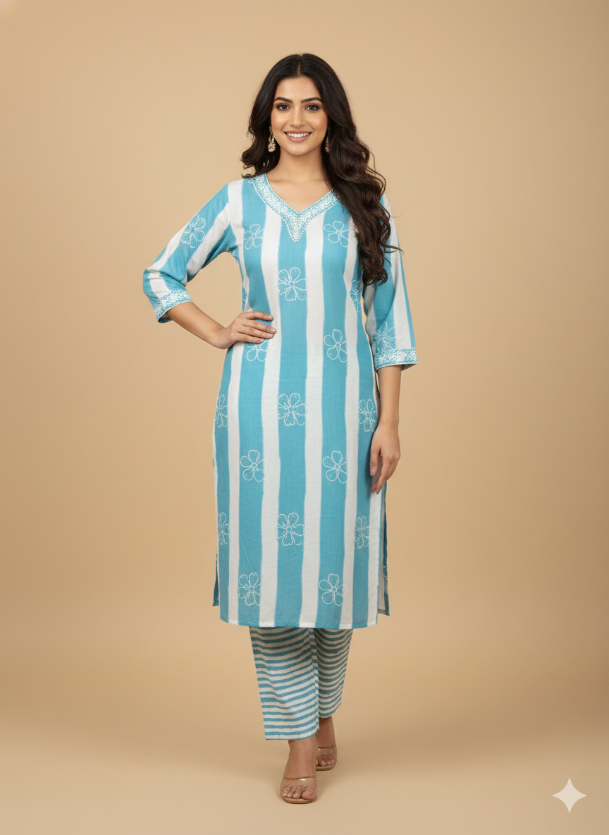 Light Blue V-Neck Kurti Pant 2-Piece Set - Kurtiwala