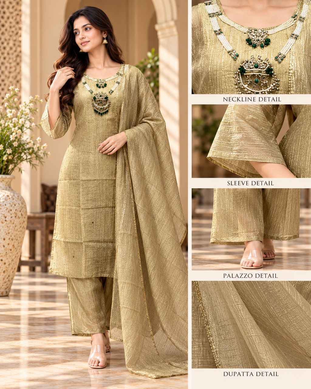 Champagne Gold Salsa Printed 3-Piece Suit Set with Palazzo and Dupatta