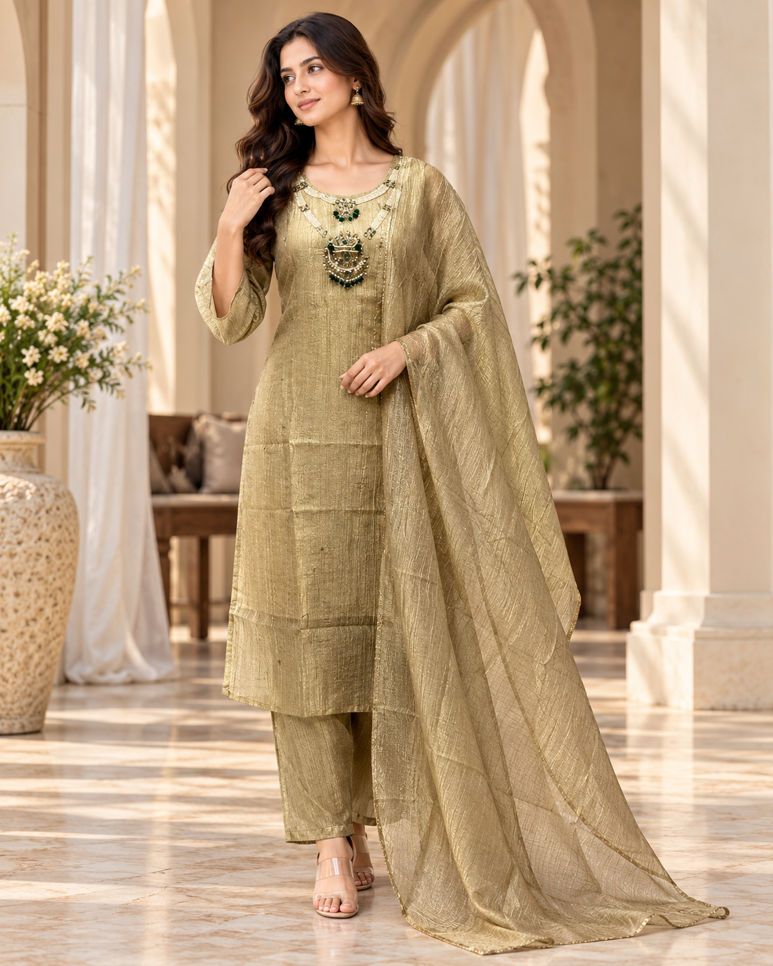 Champagne Gold Salsa Printed 3-Piece Suit Set with Palazzo and Dupatta