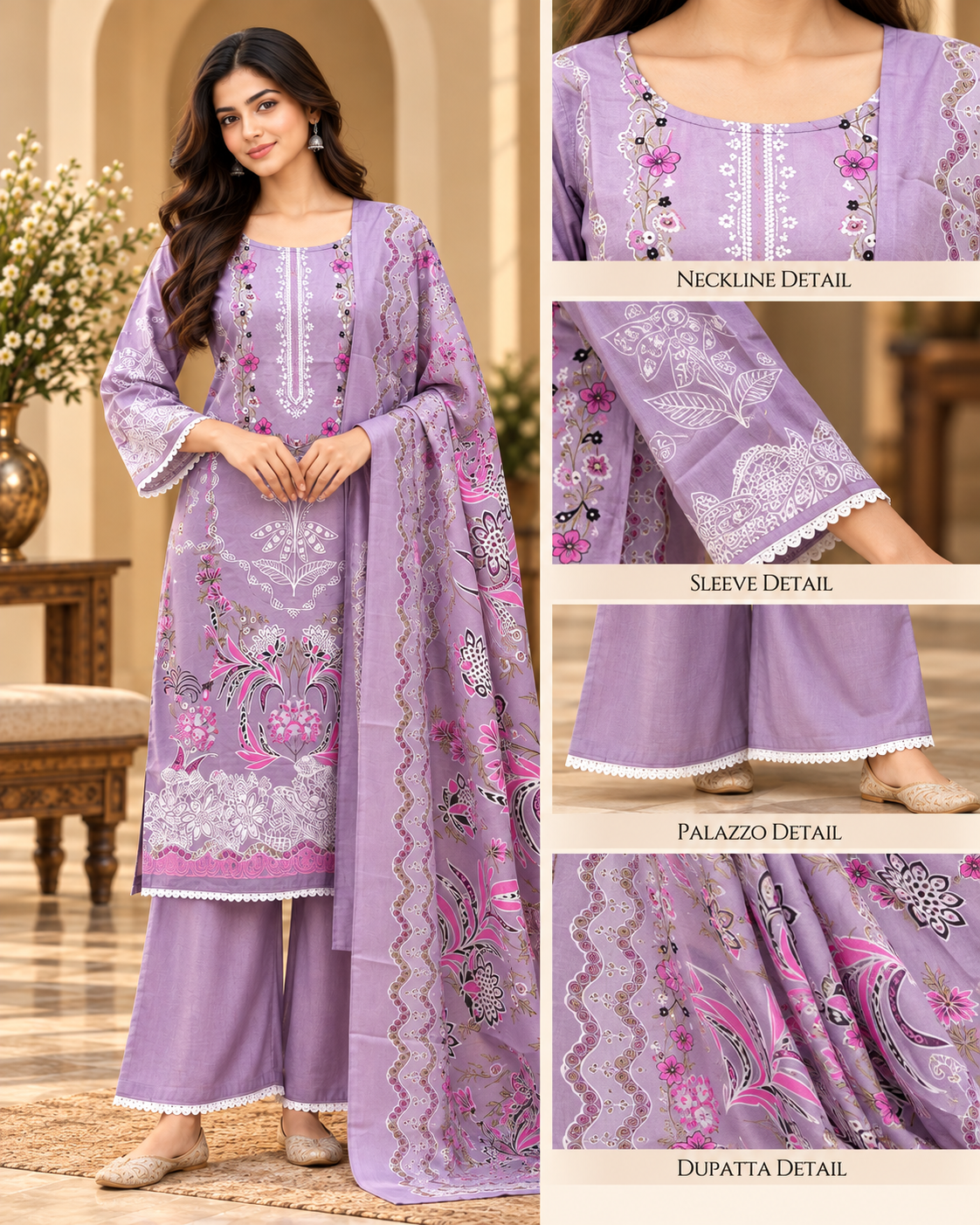 Lavender Cotton Printed 3-Piece Set with Palazzo