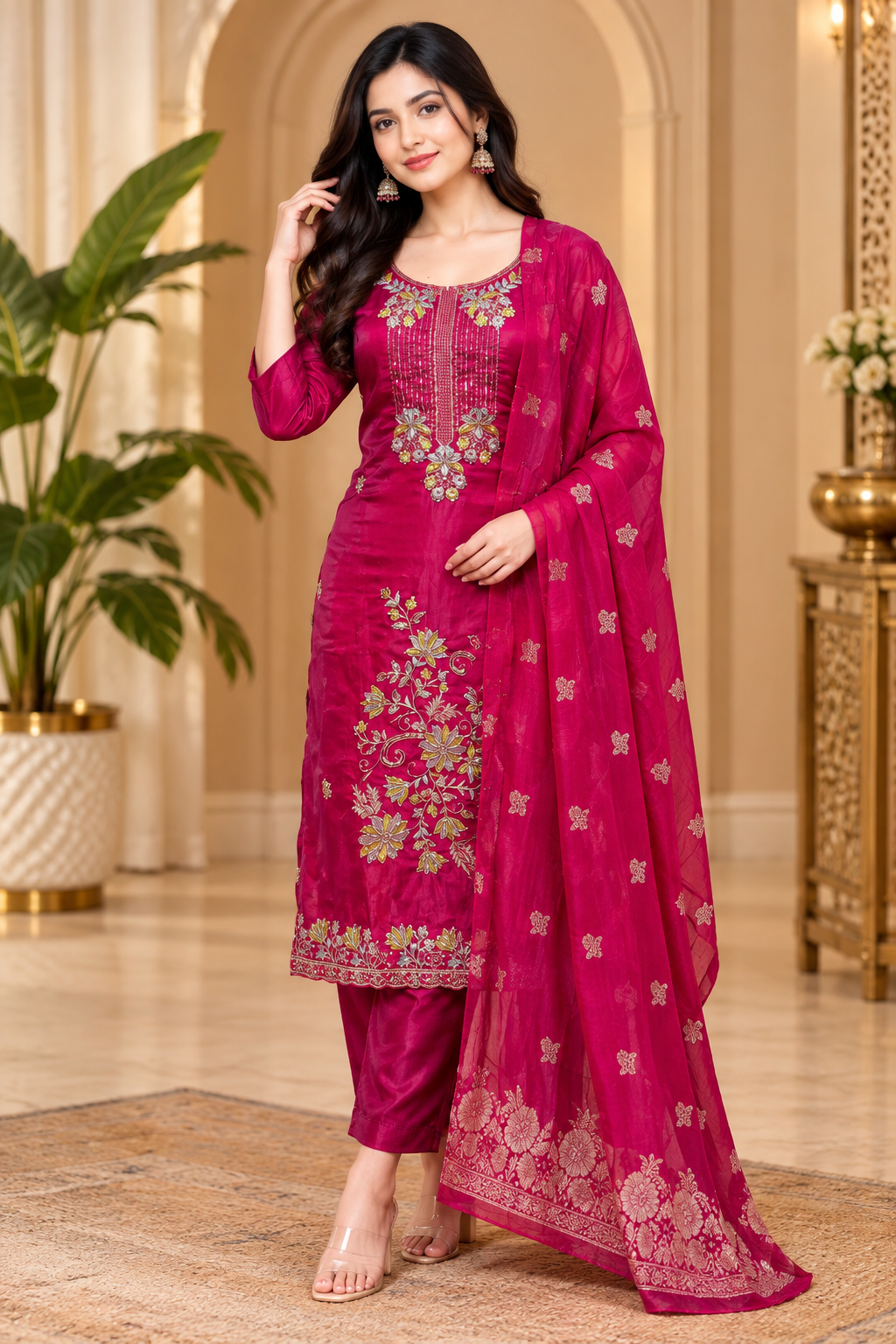 Wine Pink ROMAN GLASS 3-Piece Embroidered Ethnic Suit Set