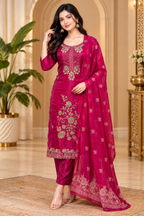 Wine Pink ROMAN GLASS 3-Piece Embroidered Ethnic Suit Set