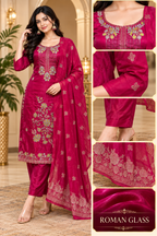 Wine Pink ROMAN GLASS 3-Piece Embroidered Ethnic Suit Set