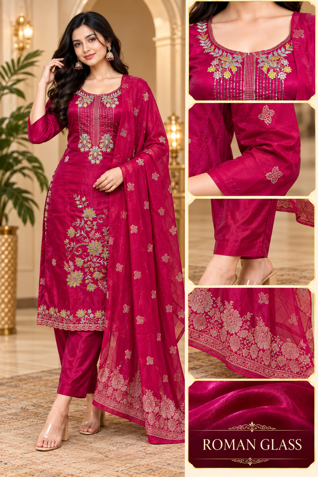 Wine Pink ROMAN GLASS 3-Piece Embroidered Ethnic Suit Set