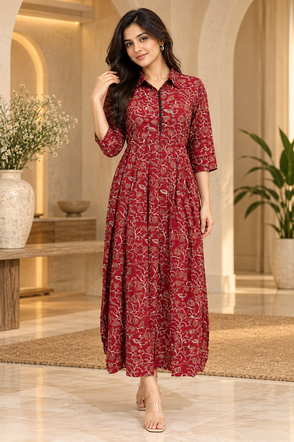 Maroon Printed Reyon/Rayon Round Kurti – Elegant Floral Print 1-Piece Kurti