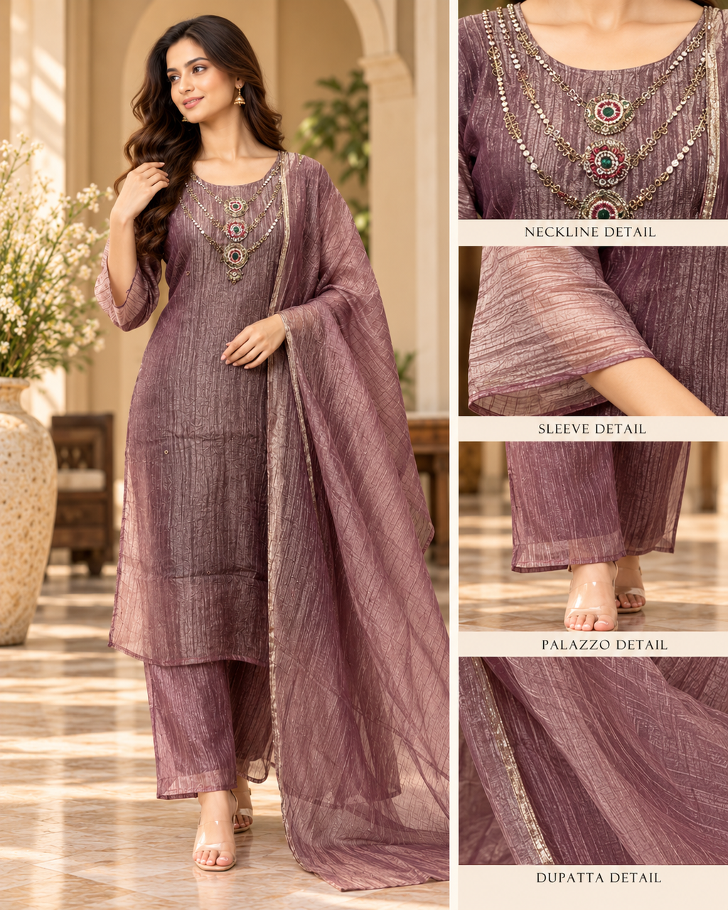 Mauve Plum Salsa Printed 3-Piece Suit Set with Palazzo and Dupatta