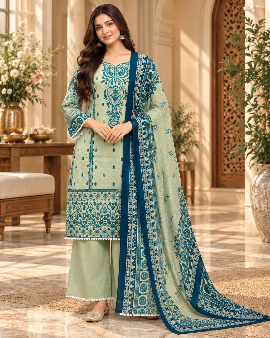 Sage Green & Teal Cotton Printed 3-Piece Set with Palazzo