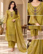 Mustard Olive Salsa 3-Piece Suit Set with Dupatta and Palazzo
