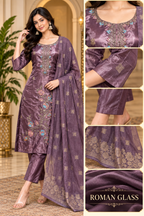 Plum Purple ROMAN GLASS 3-Piece Floral Embroidered Ethnic Suit Set