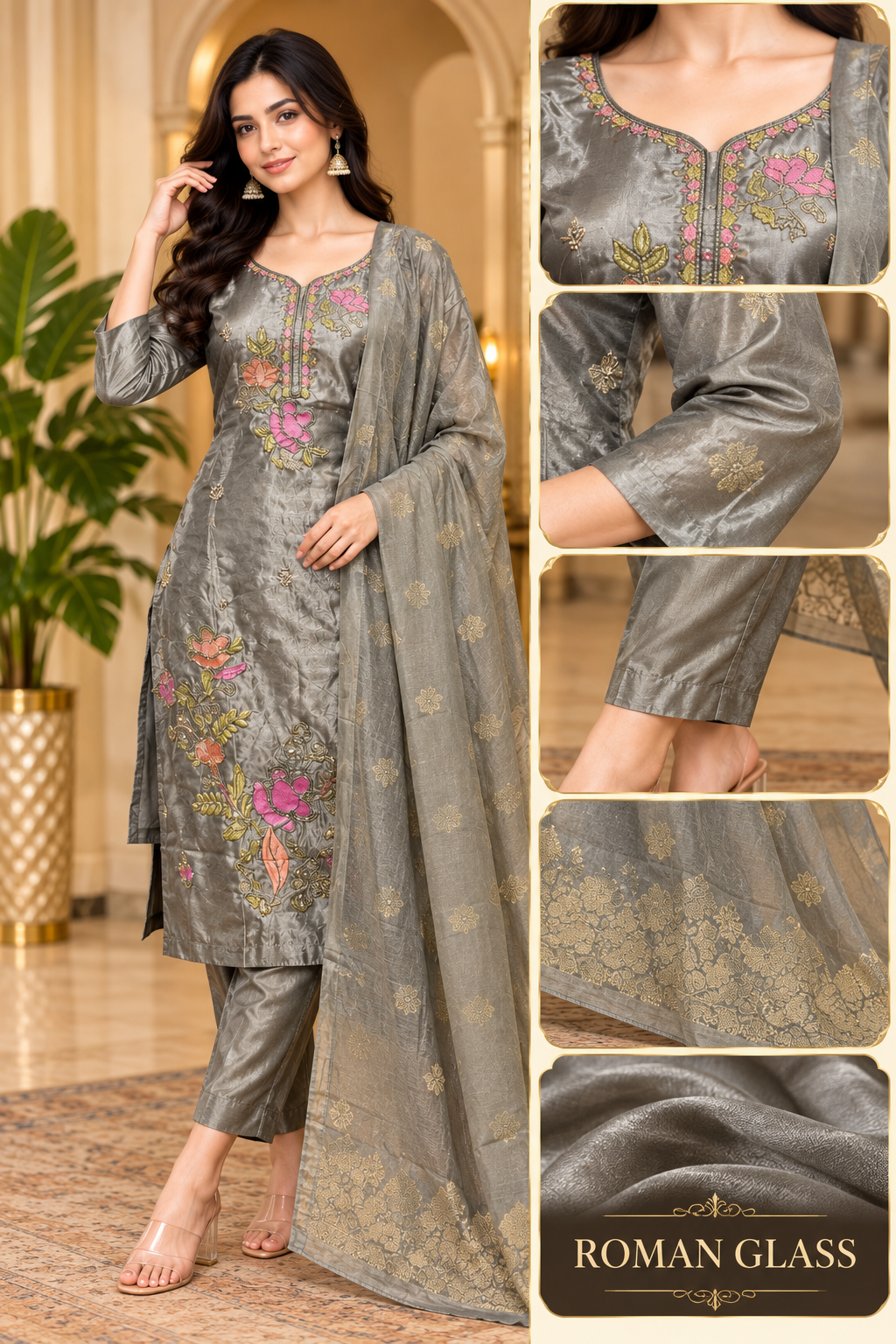 Grey ROMAN GLASS 3-Piece Floral Embroidered Ethnic Suit Set