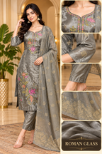 Grey ROMAN GLASS 3-Piece Floral Embroidered Ethnic Suit Set