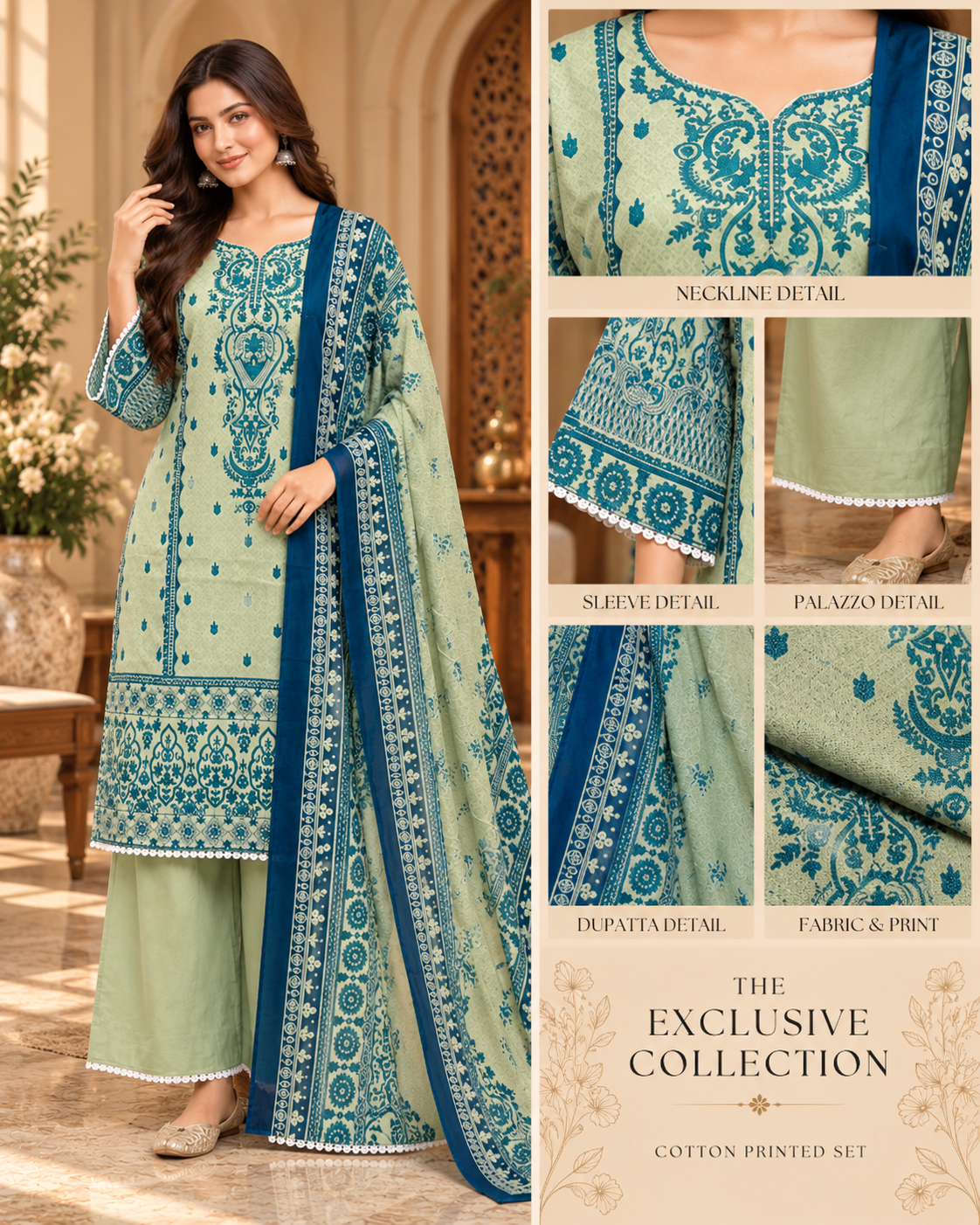 Sage Green & Teal Cotton Printed 3-Piece Set with Palazzo