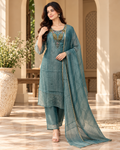 Teal Blue Salsa 3-Piece Suit Set with Palazzo and Dupatta