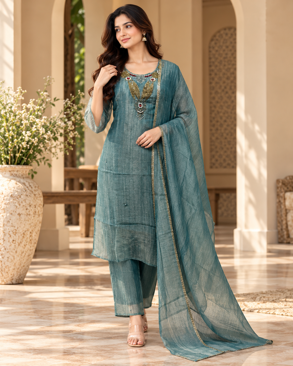 Teal Blue Salsa 3-Piece Suit Set with Palazzo and Dupatta