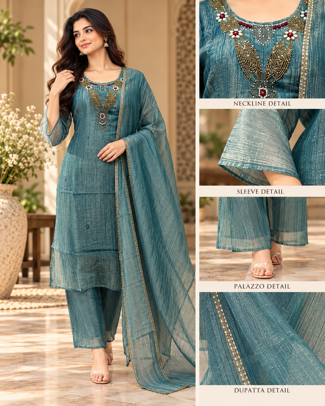 Teal Blue Salsa 3-Piece Suit Set with Palazzo and Dupatta