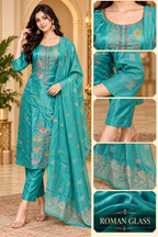 Teal ROMAN GLASS 3-Piece Embroidered Ethnic Suit Set