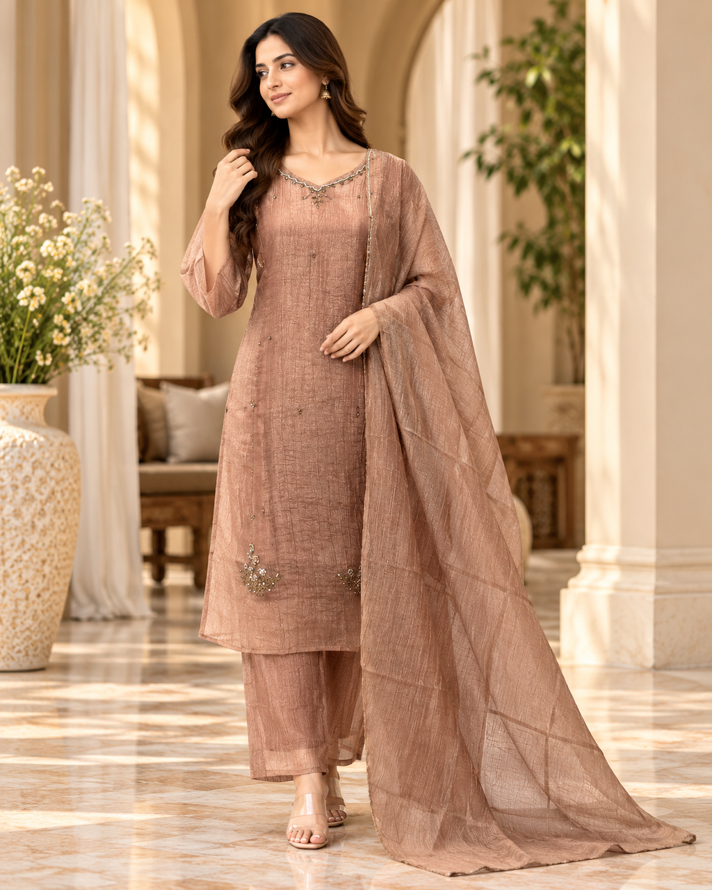 Peach Rose Salsa Printed 3-Piece Set with Palazzo