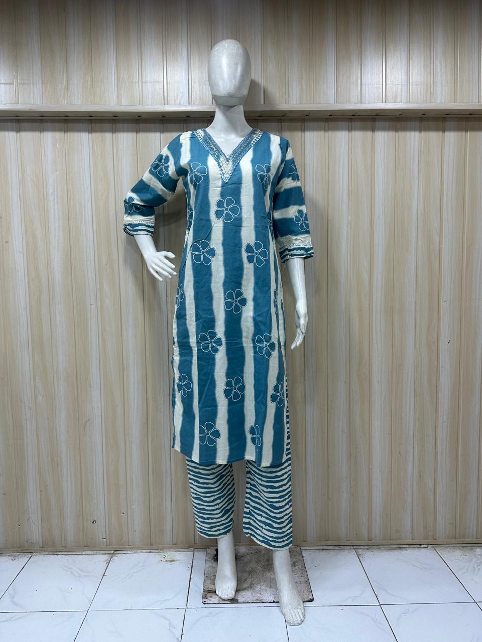 Light Blue V-Neck Kurti Pant 2-Piece Set - Kurtiwala