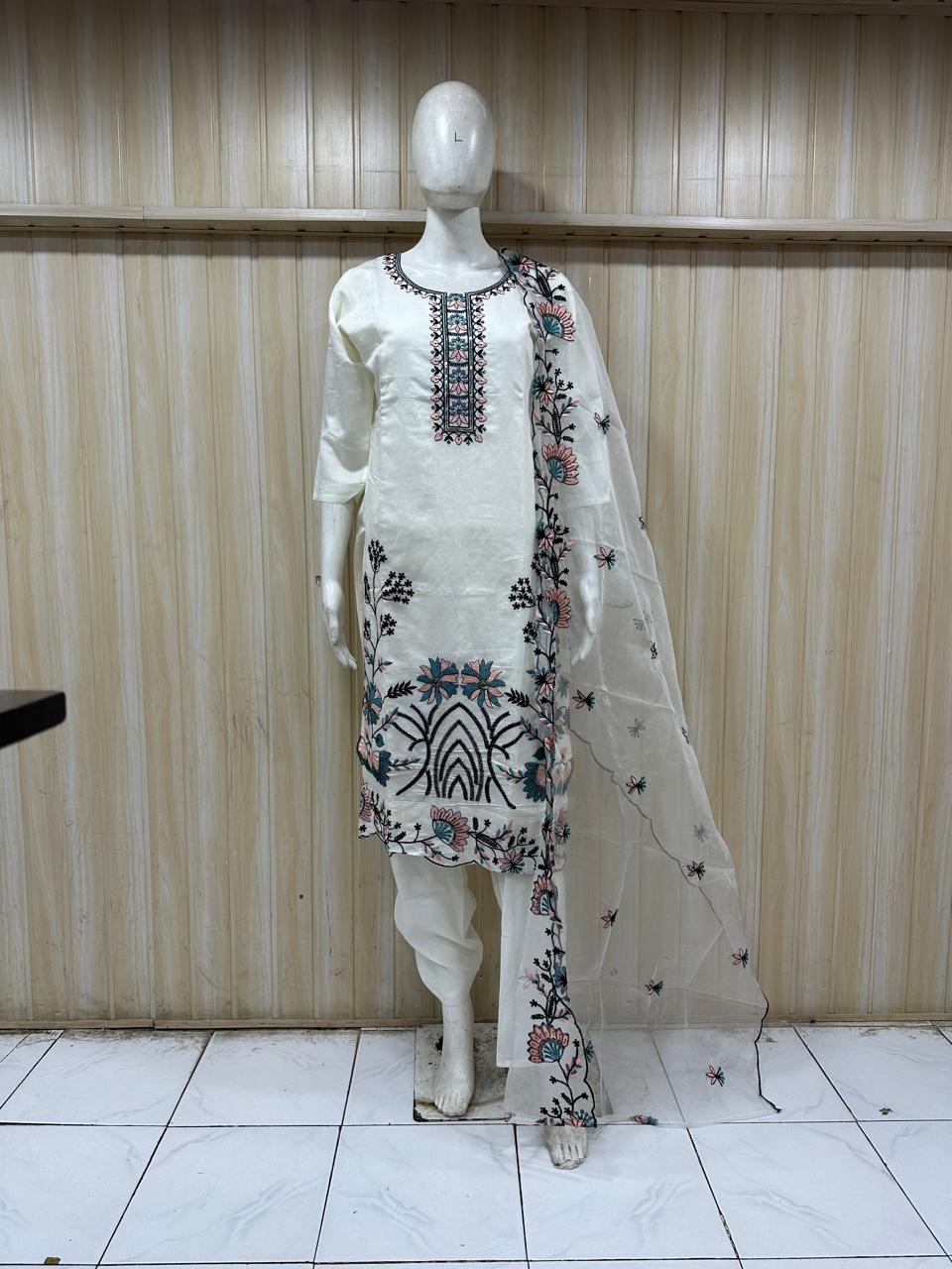 Elegant White Roman Silk Kurti Set with Floral Digital Dupatta – Kurtiwala Nagpur