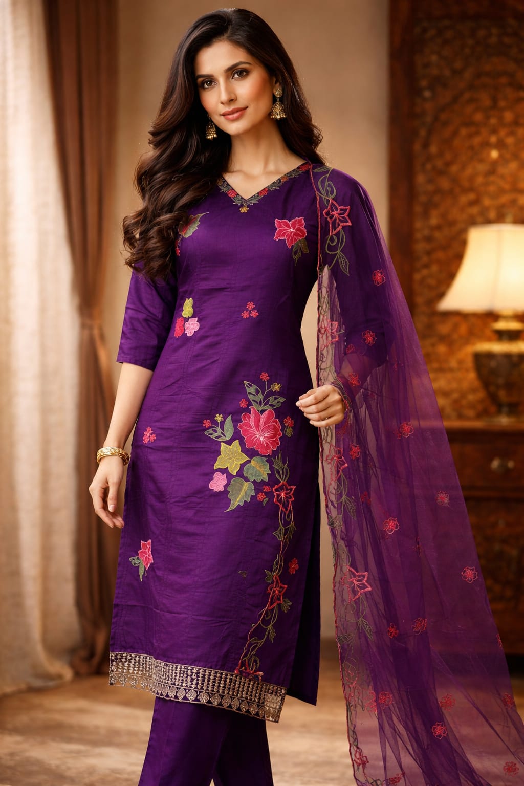 The description doesn’t quite match the image — this is actually a rich purple (royal violet) embroidered kurti set, not grey. And it looks stunning