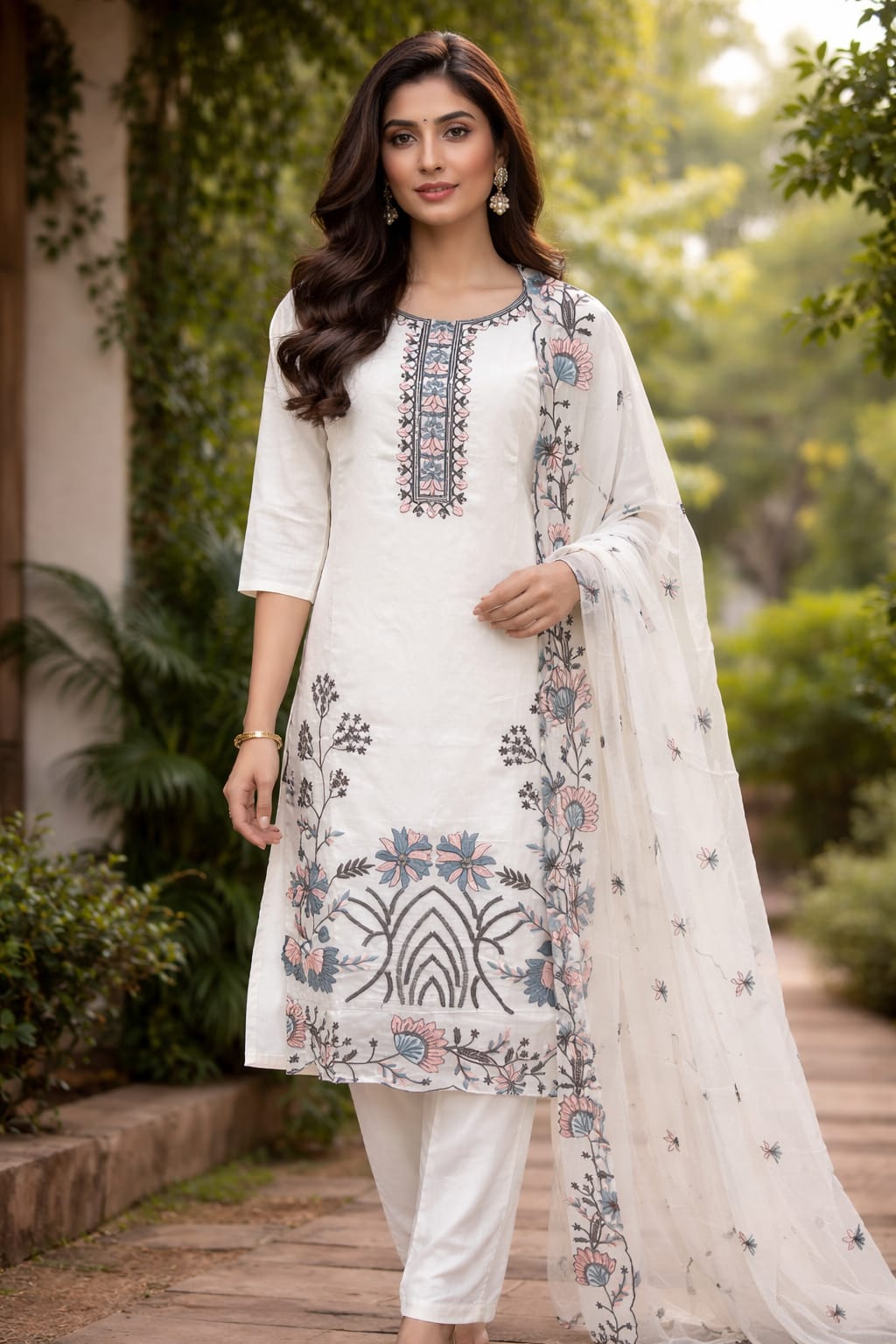 Elegant White Roman Silk Kurti Set with Floral Digital Dupatta – Kurtiwala Nagpur