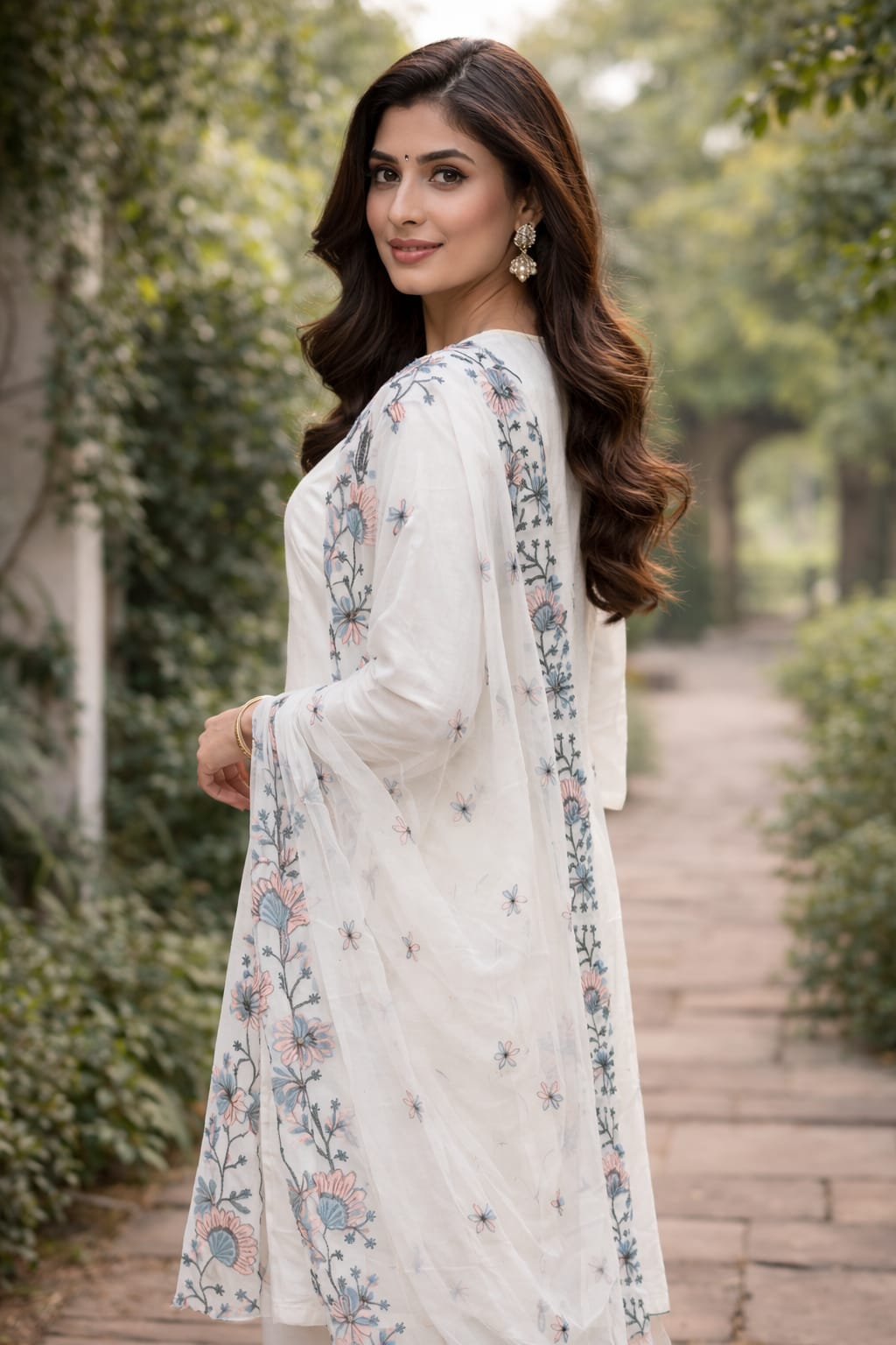 Elegant White Roman Silk Kurti Set with Floral Digital Dupatta – Kurtiwala Nagpur