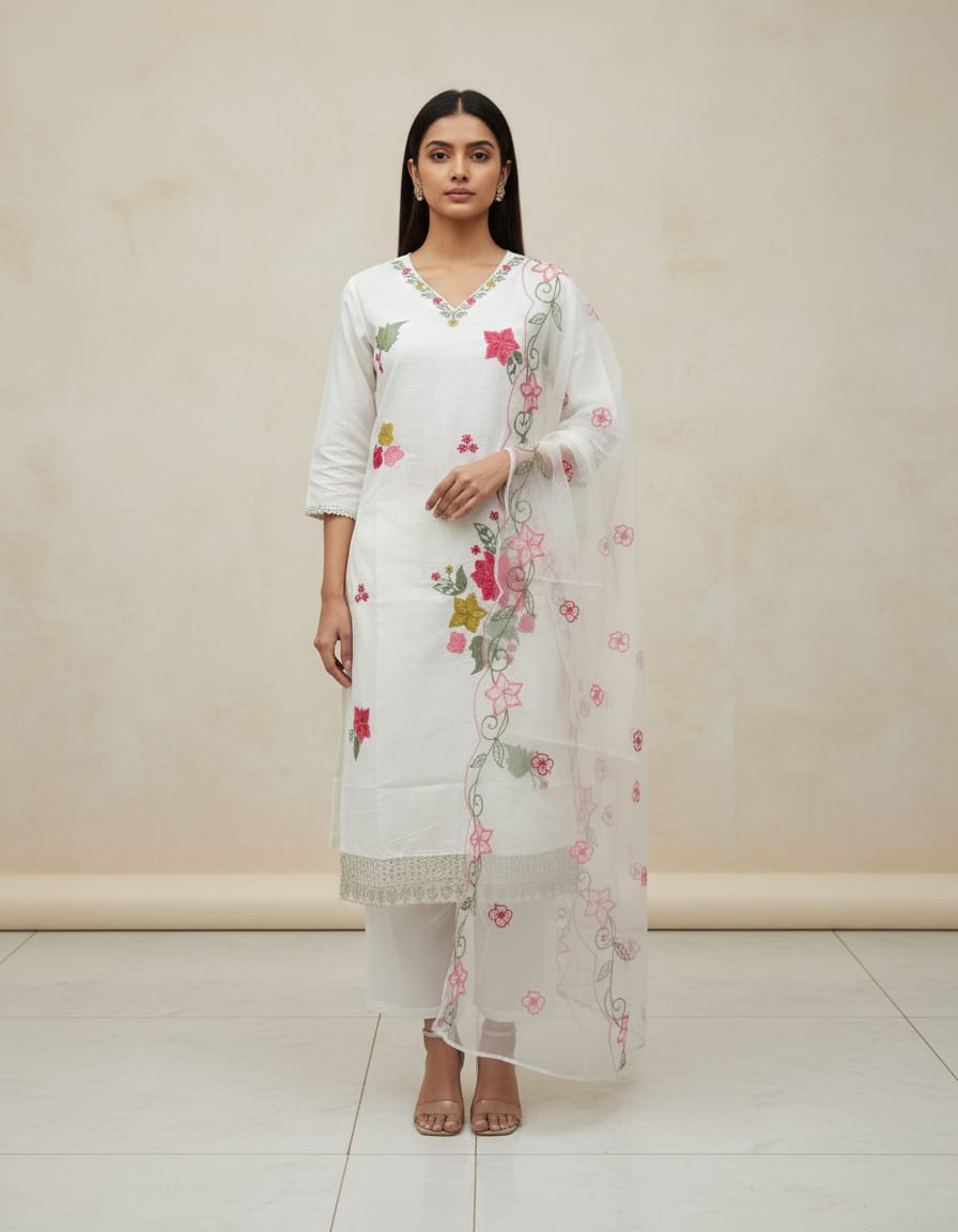 Classic White Roman Silk Kurta Set with Floral Digital Dupatta