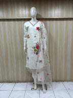 Classic White Roman Silk Kurta Set with Floral Digital Dupatta