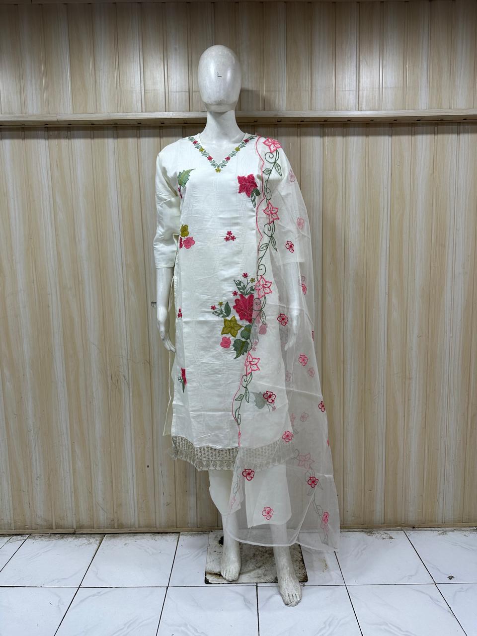 Classic White Roman Silk Kurta Set with Floral Digital Dupatta