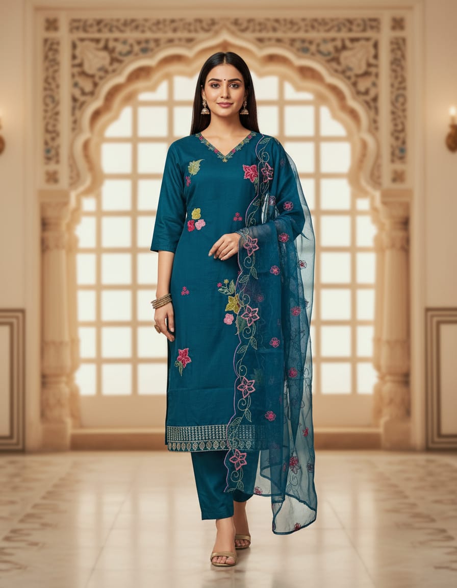 This one 🔥 is a premium teal/peacock blue kurti set with soft embroidery & elegant dupatta styling — perfect for high-end catalog